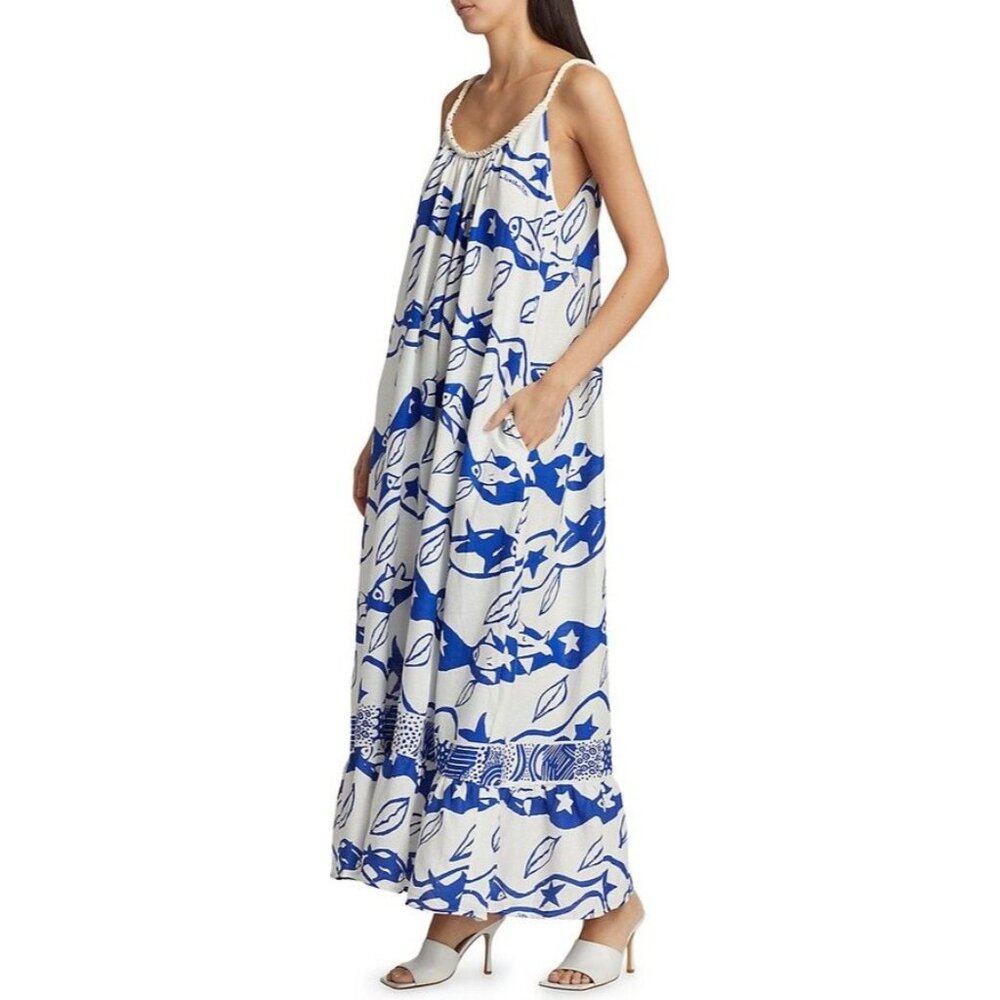 Farm Rio X Alberto Pitta Waves Sleeveless Dress Rope Scoopneck Size M Blue White - Picture 2 of 8